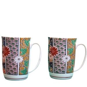 Japanese Imari Floral Coffee Mugs Set of 2 Multicolor Excellent Vintage